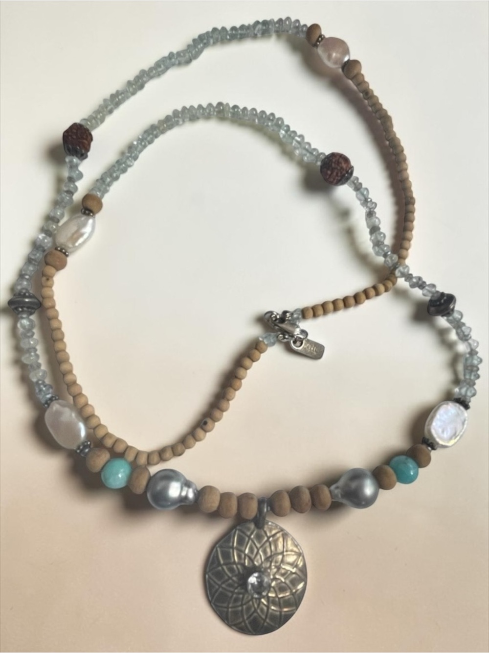 Sati Sterling Silver Aquamarine Pearl Lotus Mala Pendant Necklace